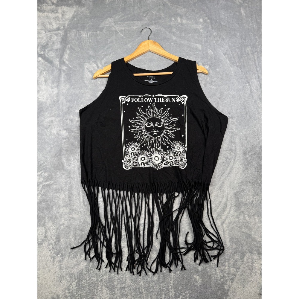 Homegirl Society Fringe Tank Top Womens 1X Black Follow The Sun Graphic Boho